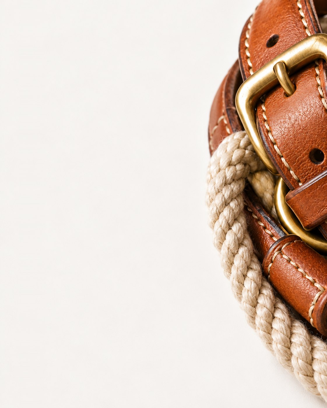 Close-up of a stitched leather and rope leash with a brass buckle for the Strappy department