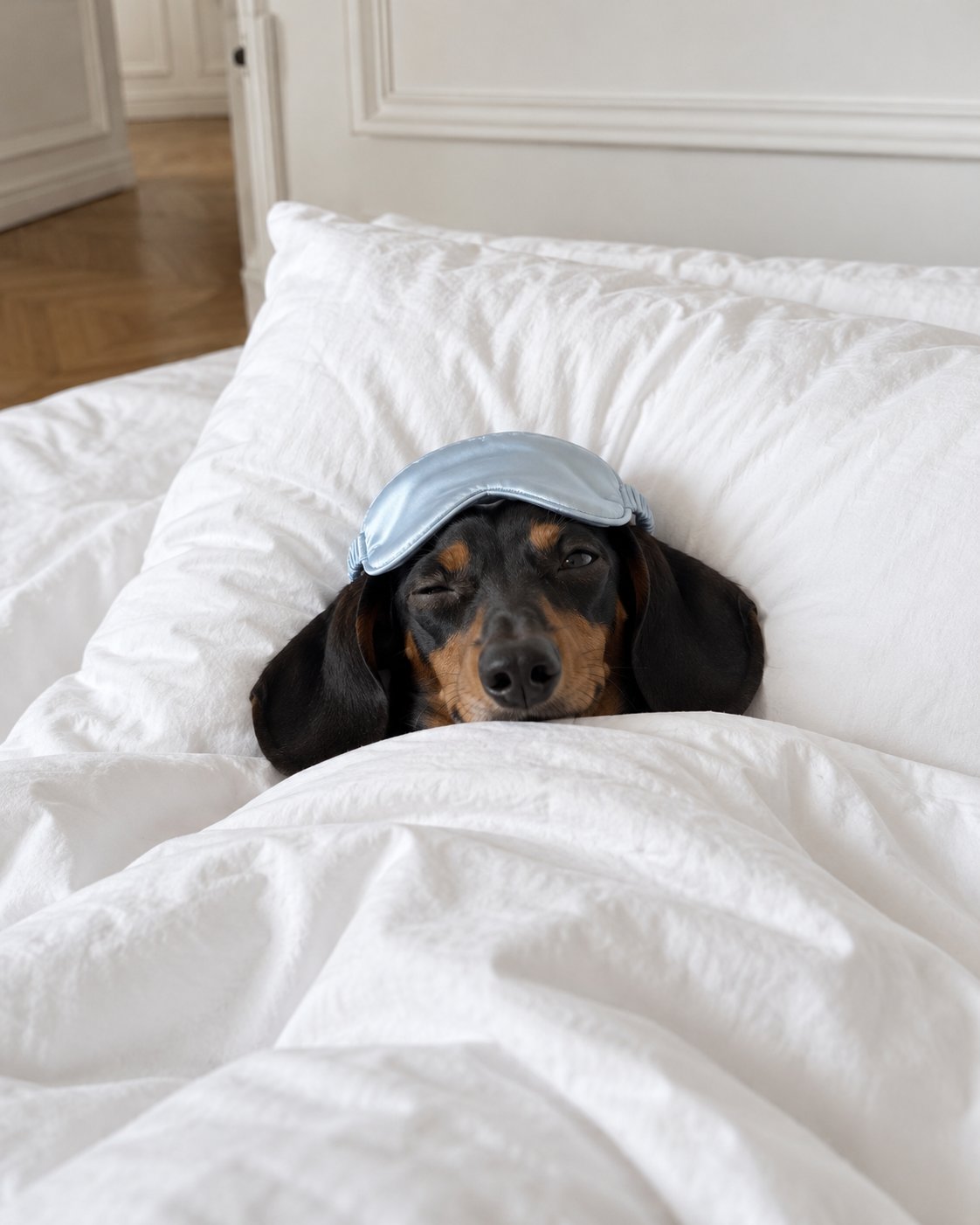 Dachshund in white bedding with a silk sleep mask, winking