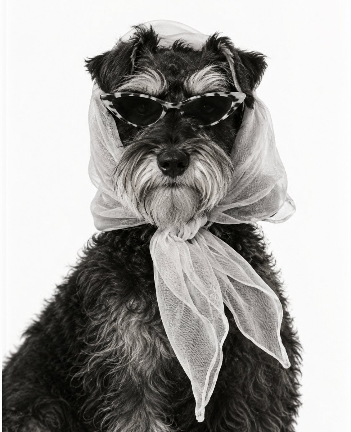 Schnauzer in cat-eye sunglasses and a sheer headscarf, black and white portrait