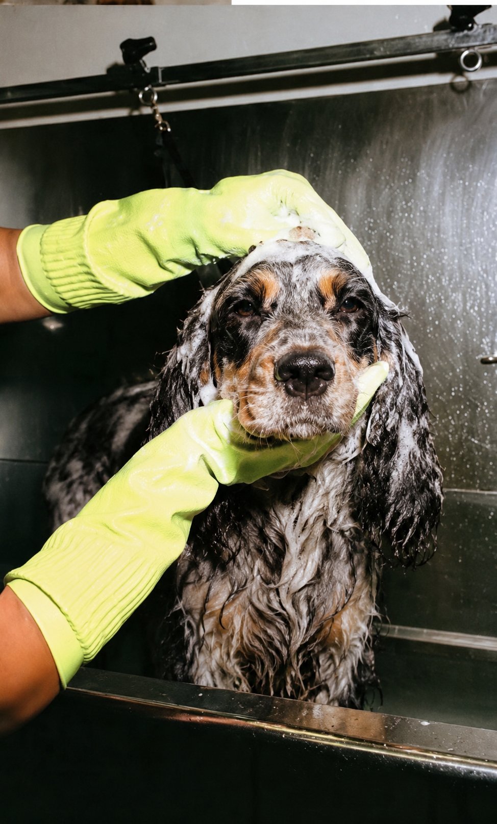 Wet spaniel being shampooed by hands in lime rubber gloves at a grooming tub