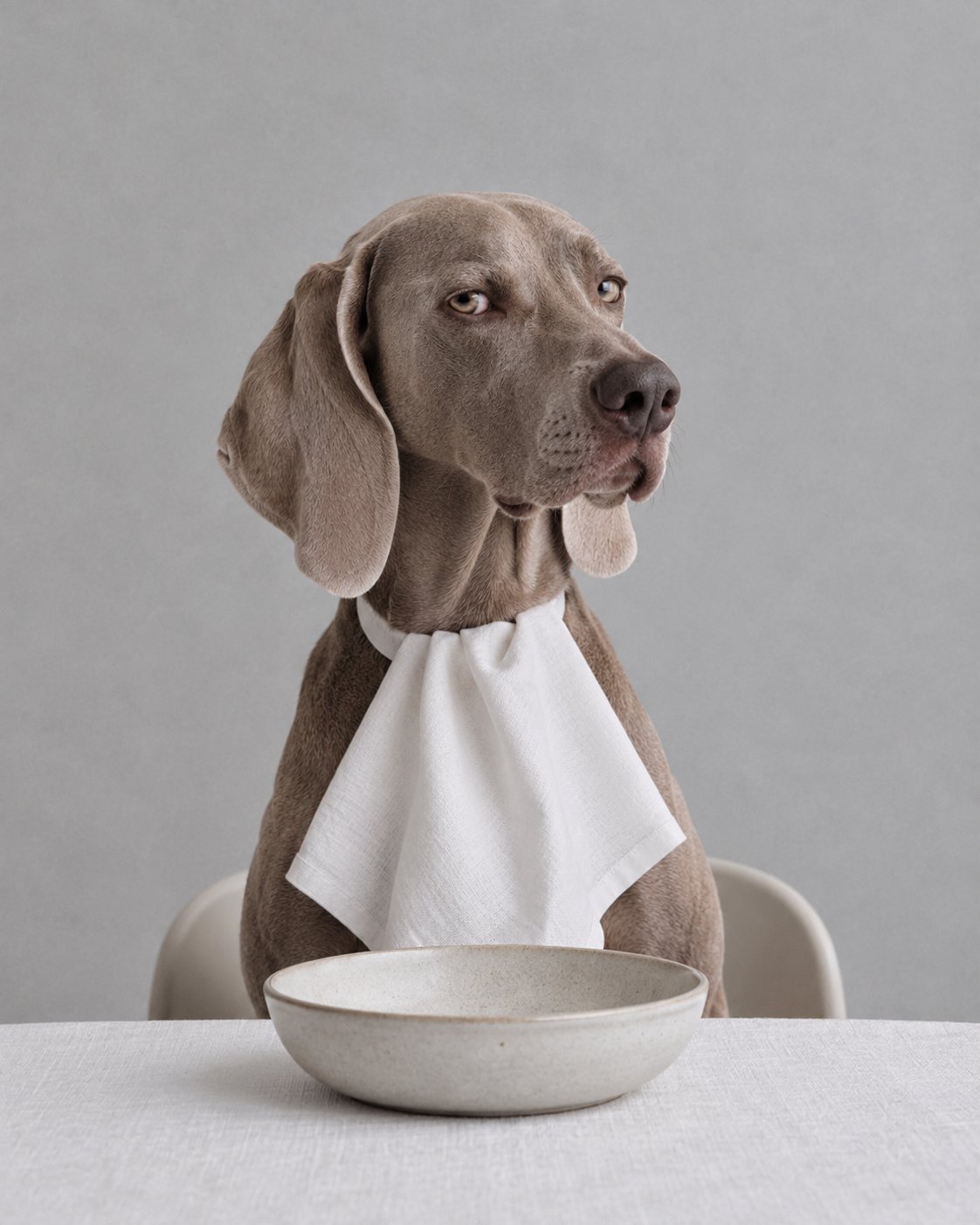 Weimaraner wearing a napkin at the table behind an empty bowl