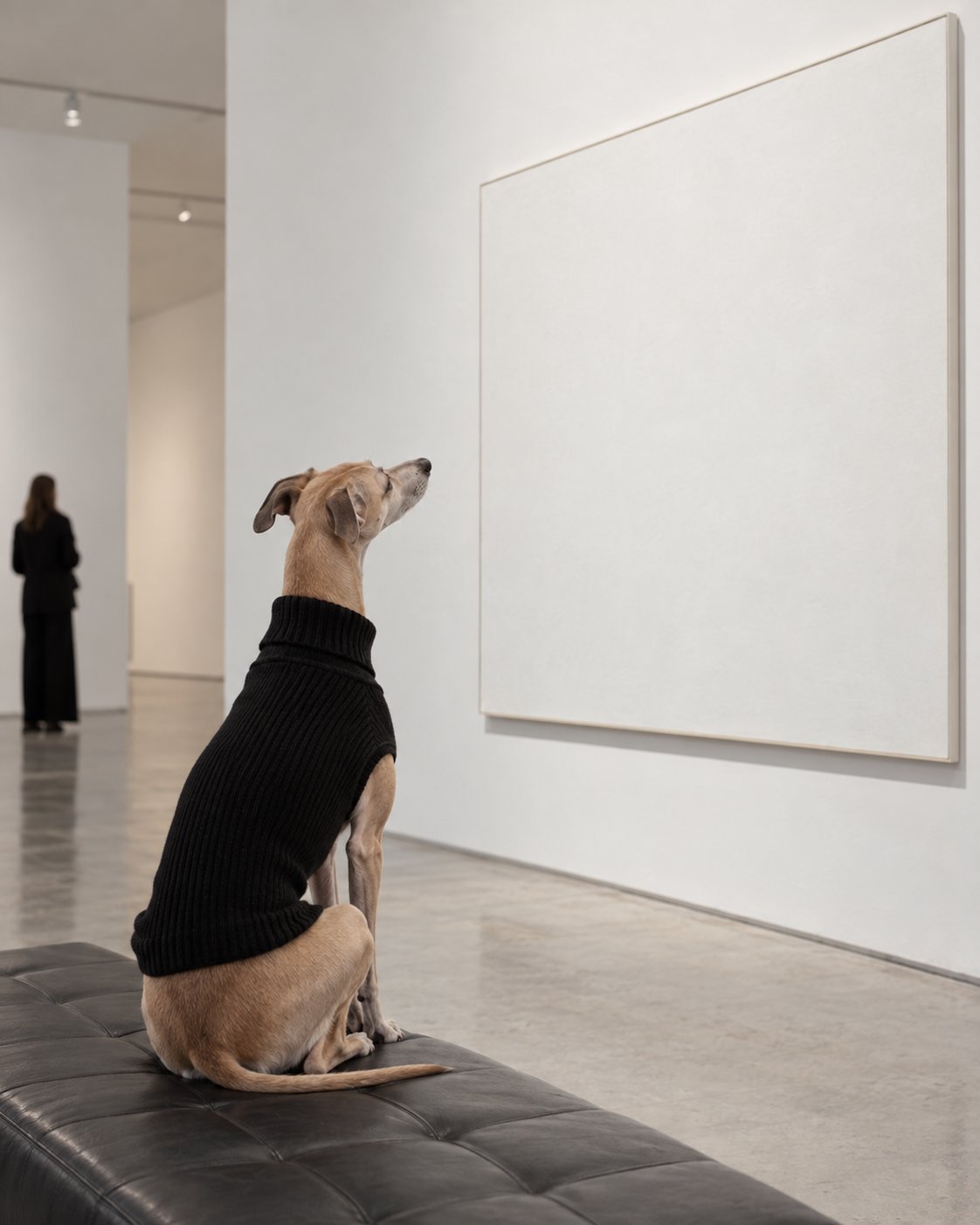 Whippet in a black sweater looking at a white painting in a gallery